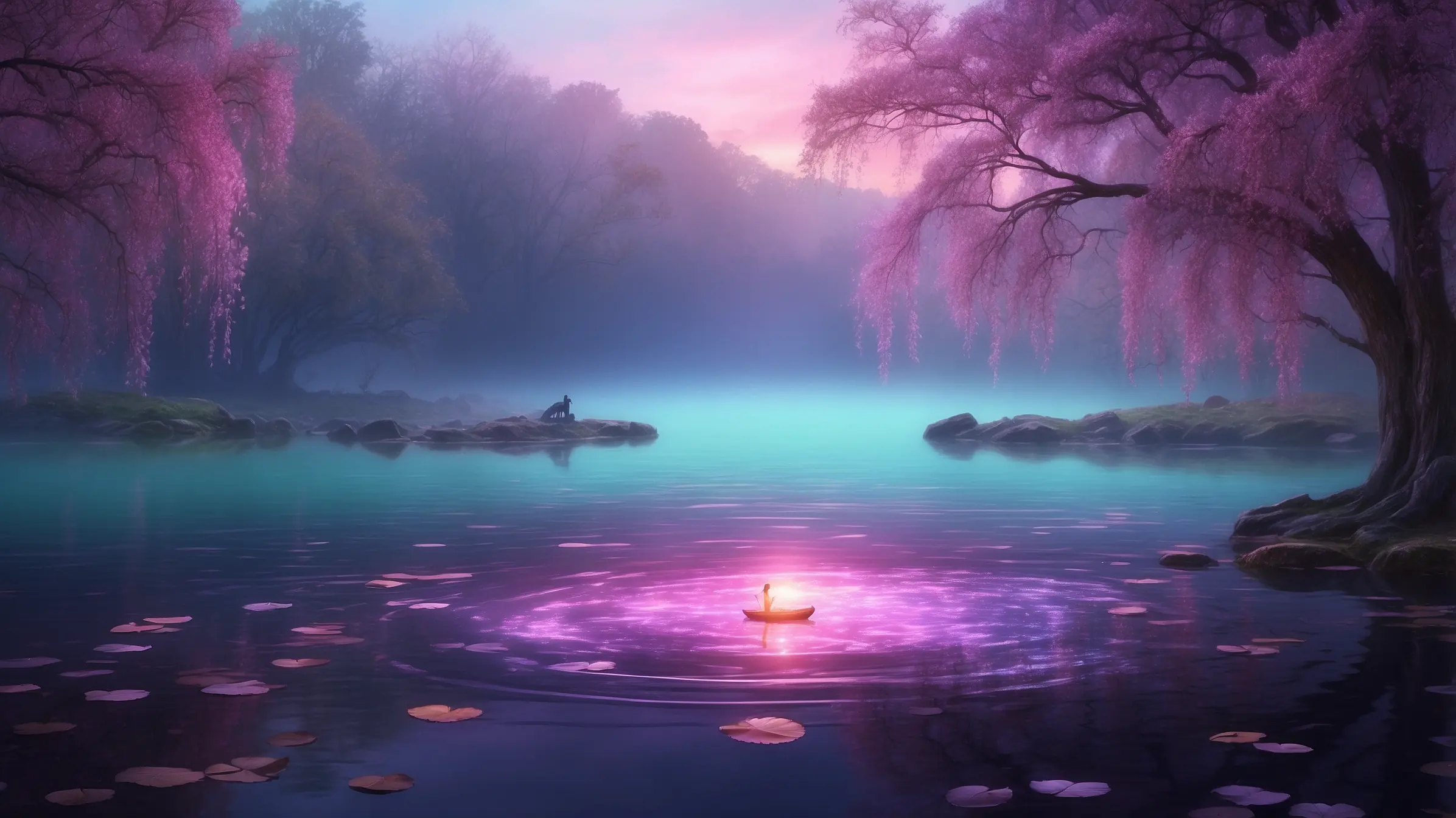 Mystical pond background with ethereal lighting